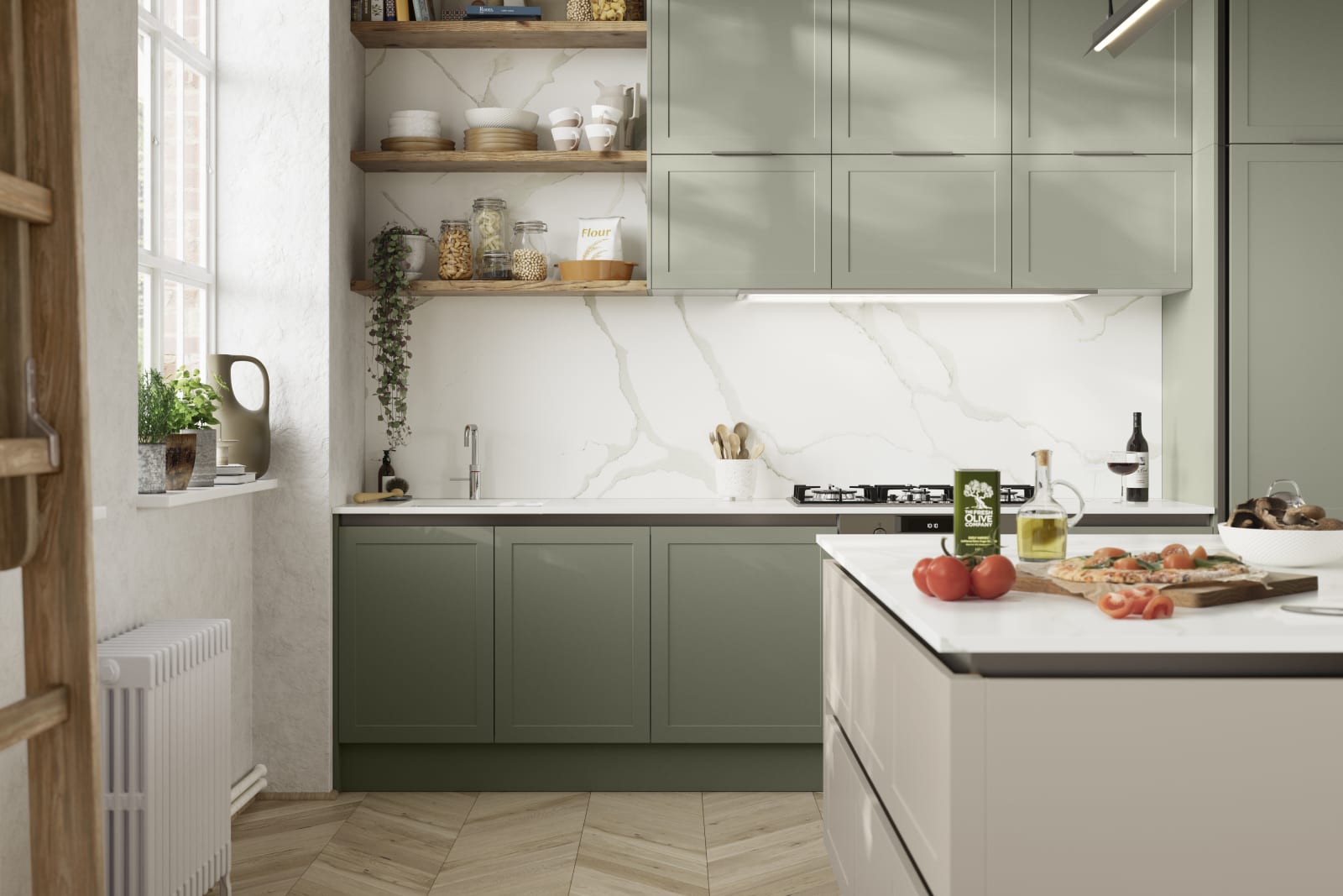 Sage green kitchen cabinets with black countertops top
